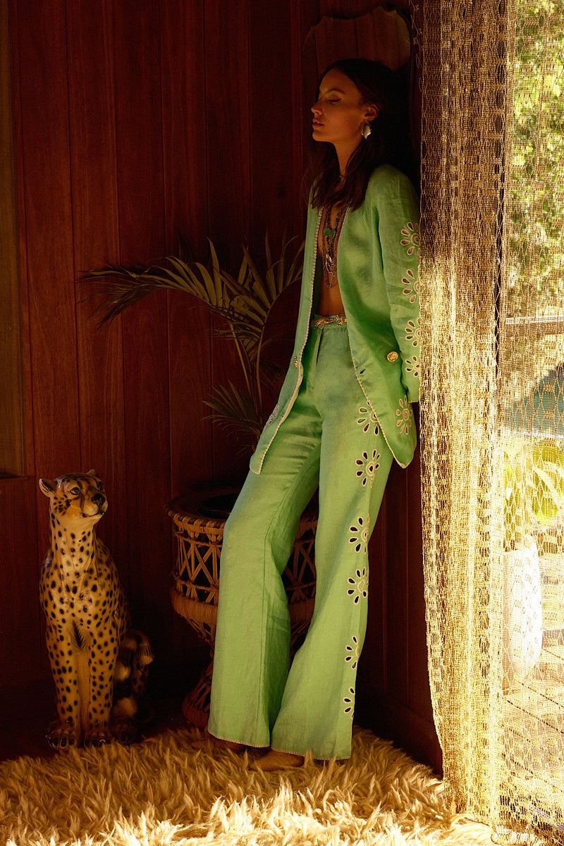 Further Up The Road Cutwork Linen Flares - Mint - Chasing Unicorns