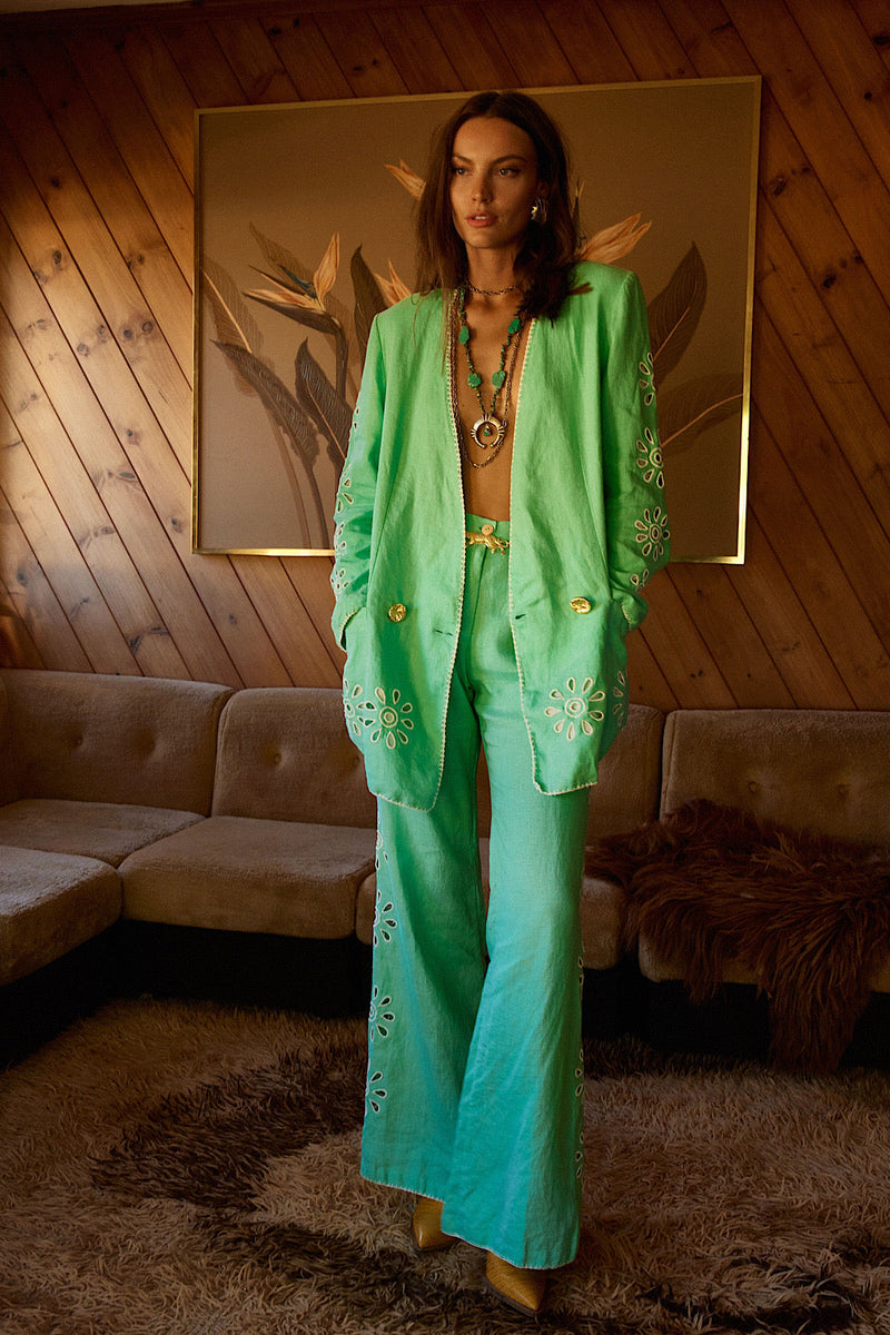 Further Up The Road Cutwork Linen Flares - Mint - Chasing Unicorns