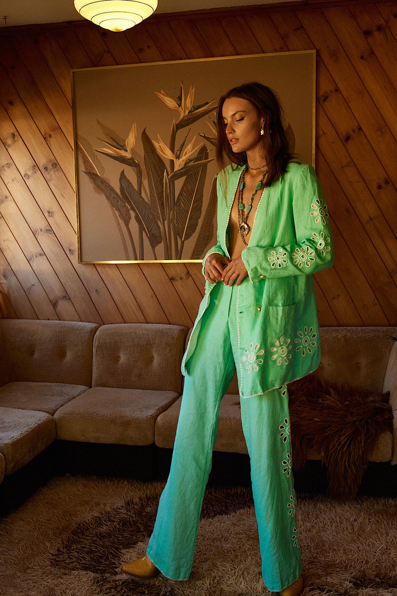 Further Up The Road Cutwork Linen Flares - Mint - Chasing Unicorns