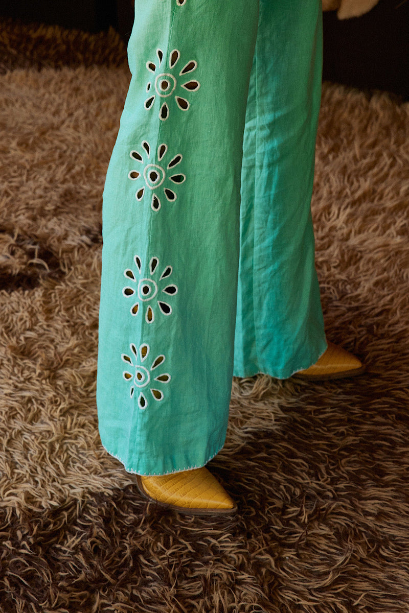 Further Up The Road Cutwork Linen Flares - Mint - Chasing Unicorns