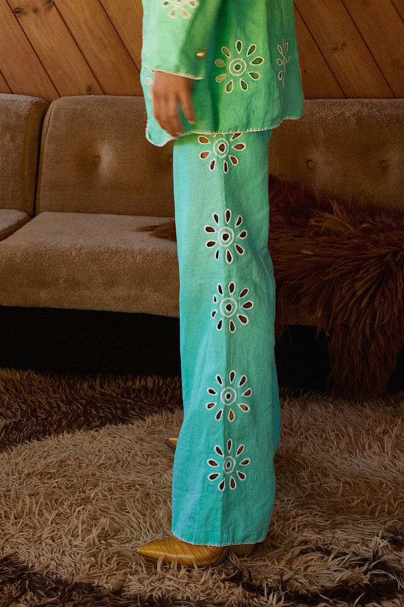 Further Up The Road Cutwork Linen Flares - Mint - Chasing Unicorns