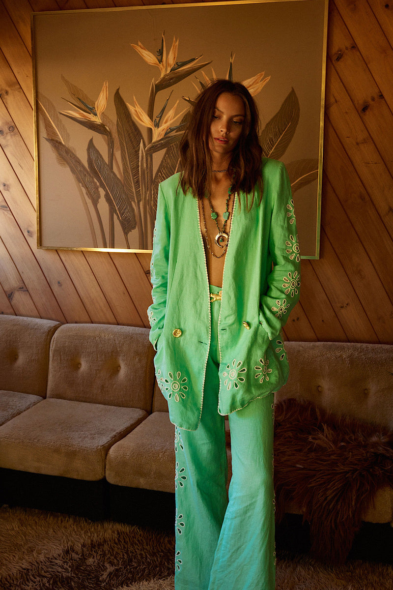 Further Up The Road Cutwork Linen Flares - Mint - Chasing Unicorns