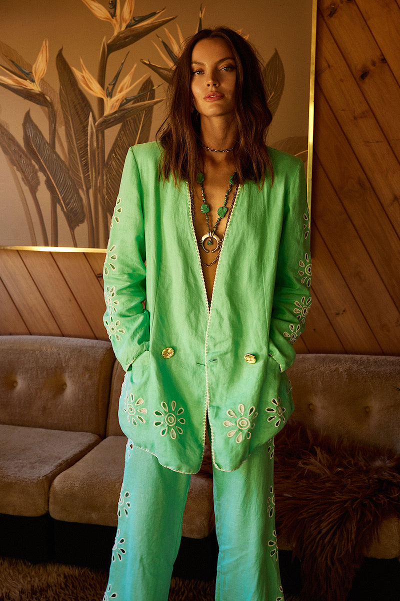 Further Up The Road Cutwork Linen Flares - Mint - Chasing Unicorns