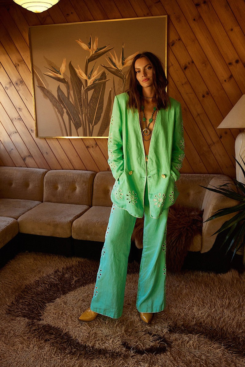 Further Up The Road Cutwork Linen Flares - Mint - Chasing Unicorns