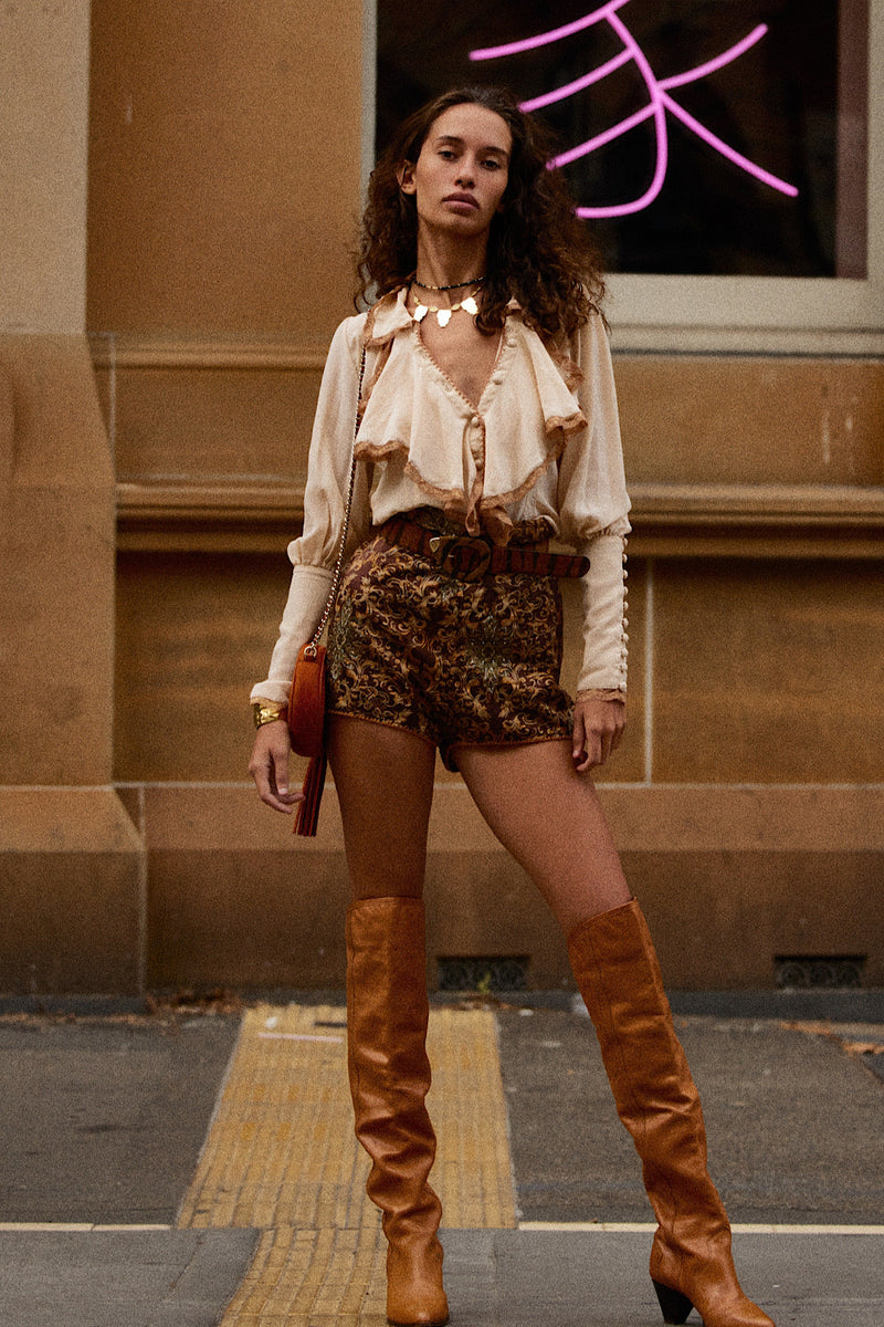 Good Times, Bad Times Silk Crepe, Lace + Ruffle Blouse - crème brûlée - Chasing Unicorns