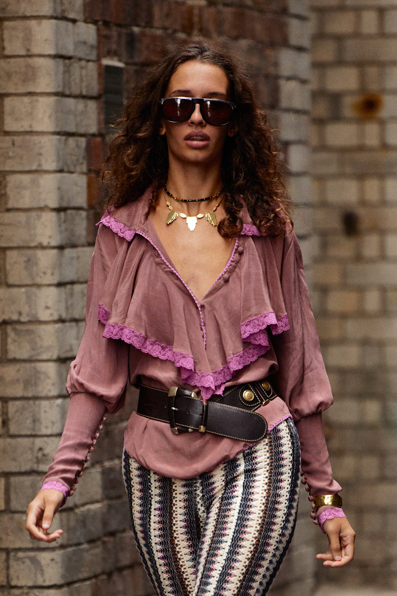 Good Times, Bad Times Silk Crepe, Lace + Ruffle Blouse - mauve - Chasing Unicorns