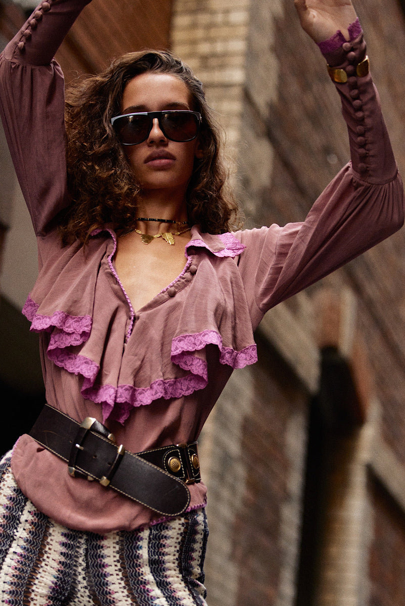 Good Times, Bad Times Silk Crepe, Lace + Ruffle Blouse - mauve - Chasing Unicorns