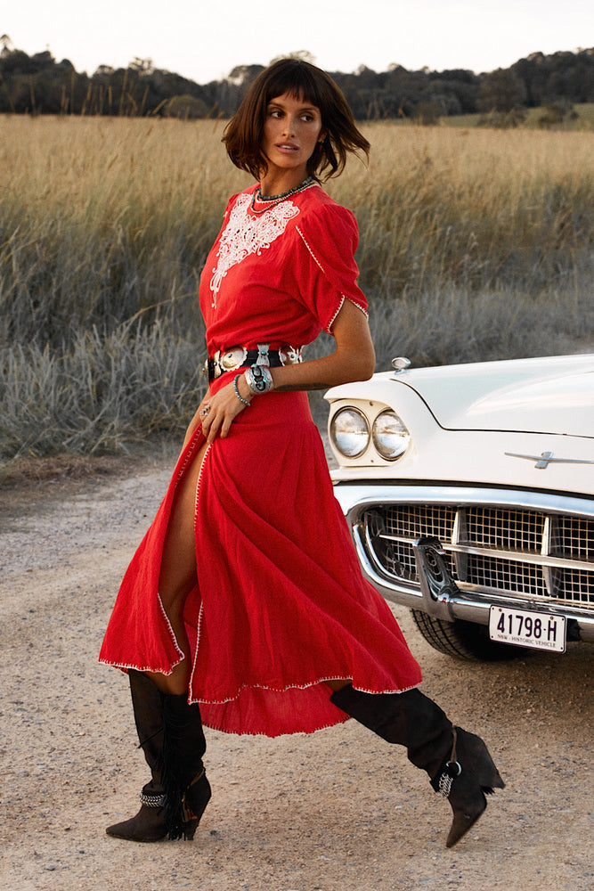 Goodnight Moon Cutwork Embroidered Maxi Dress - Red