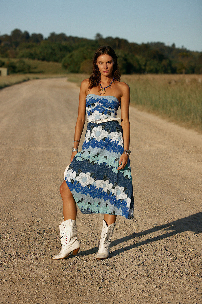 Hawaiian Haze Cotton Gauze Strapless Midi Dress - Chasing Unicorns
