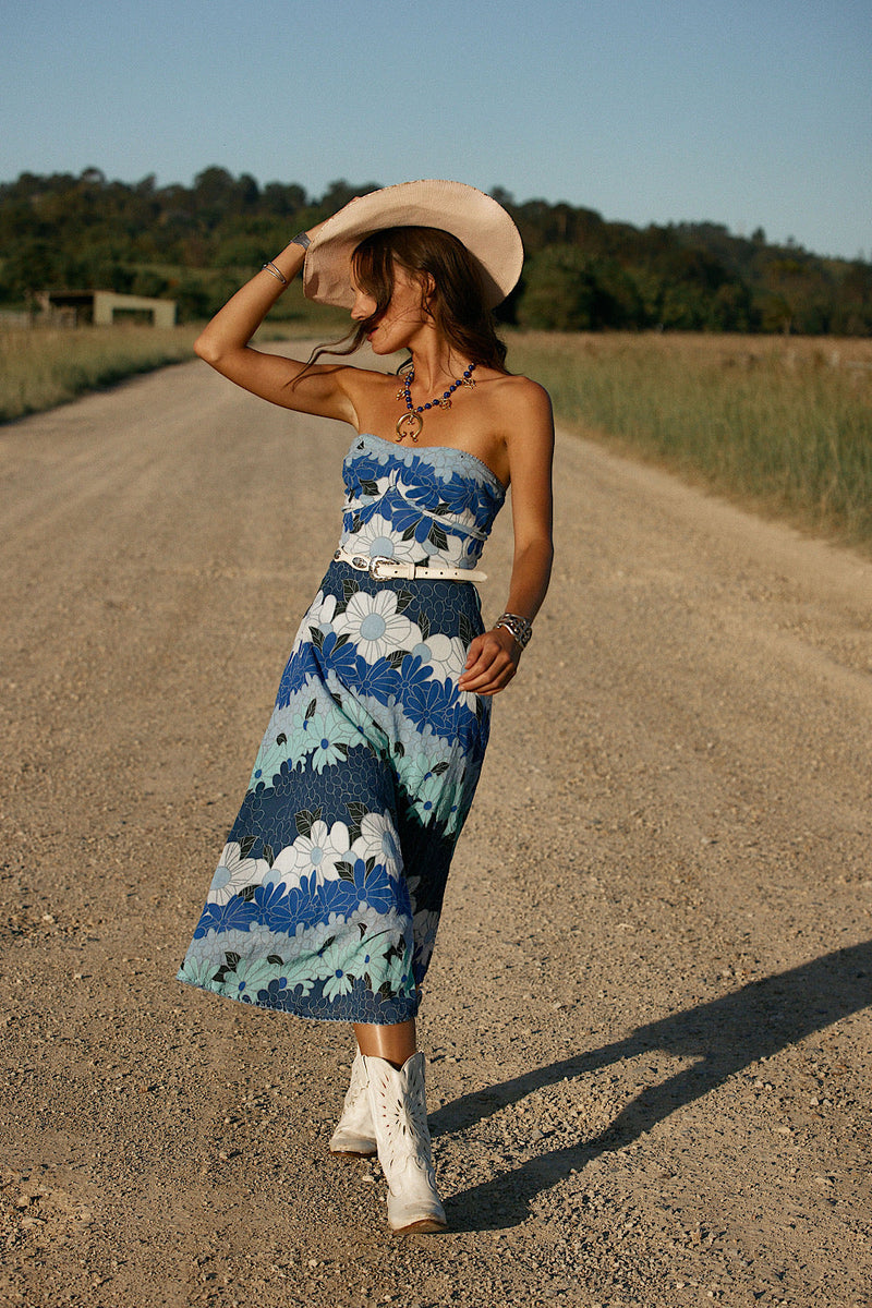 Hawaiian Haze Cotton Gauze Strapless Midi Dress - Chasing Unicorns