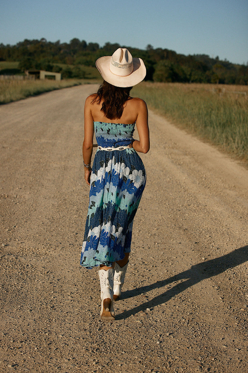 Hawaiian Haze Cotton Gauze Strapless Midi Dress - Chasing Unicorns