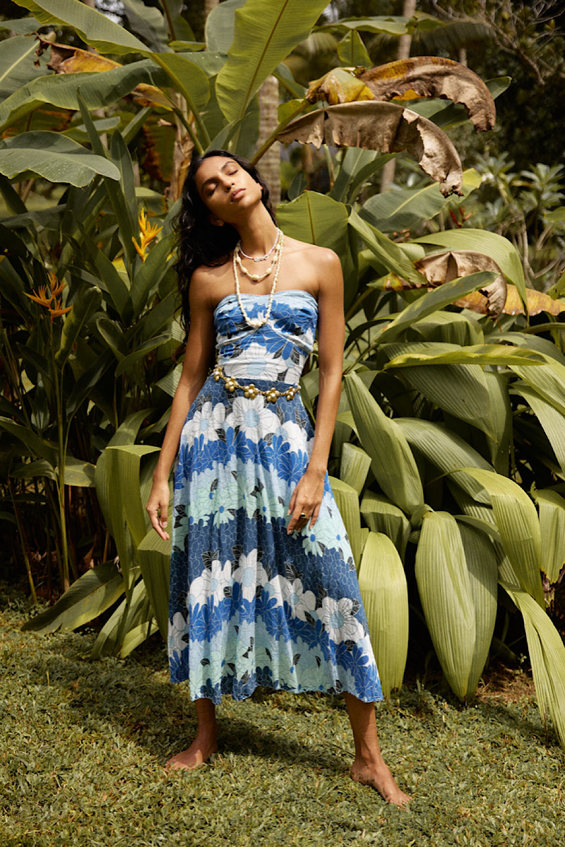 Hawaiian Haze Cotton Gauze Strapless Midi Dress - Chasing Unicorns