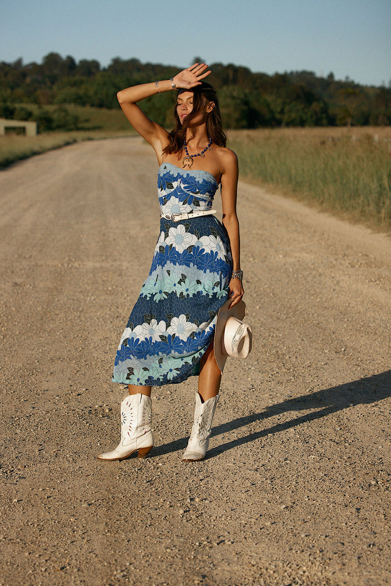 Hawaiian Haze Cotton Gauze Strapless Midi Dress - Chasing Unicorns
