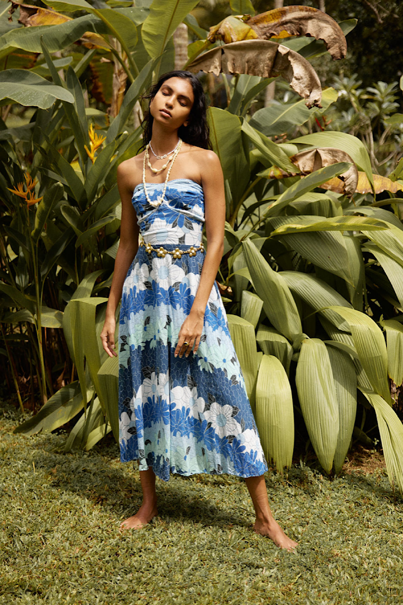 Hawaiian Haze Cotton Gauze Strapless Midi Dress - Chasing Unicorns