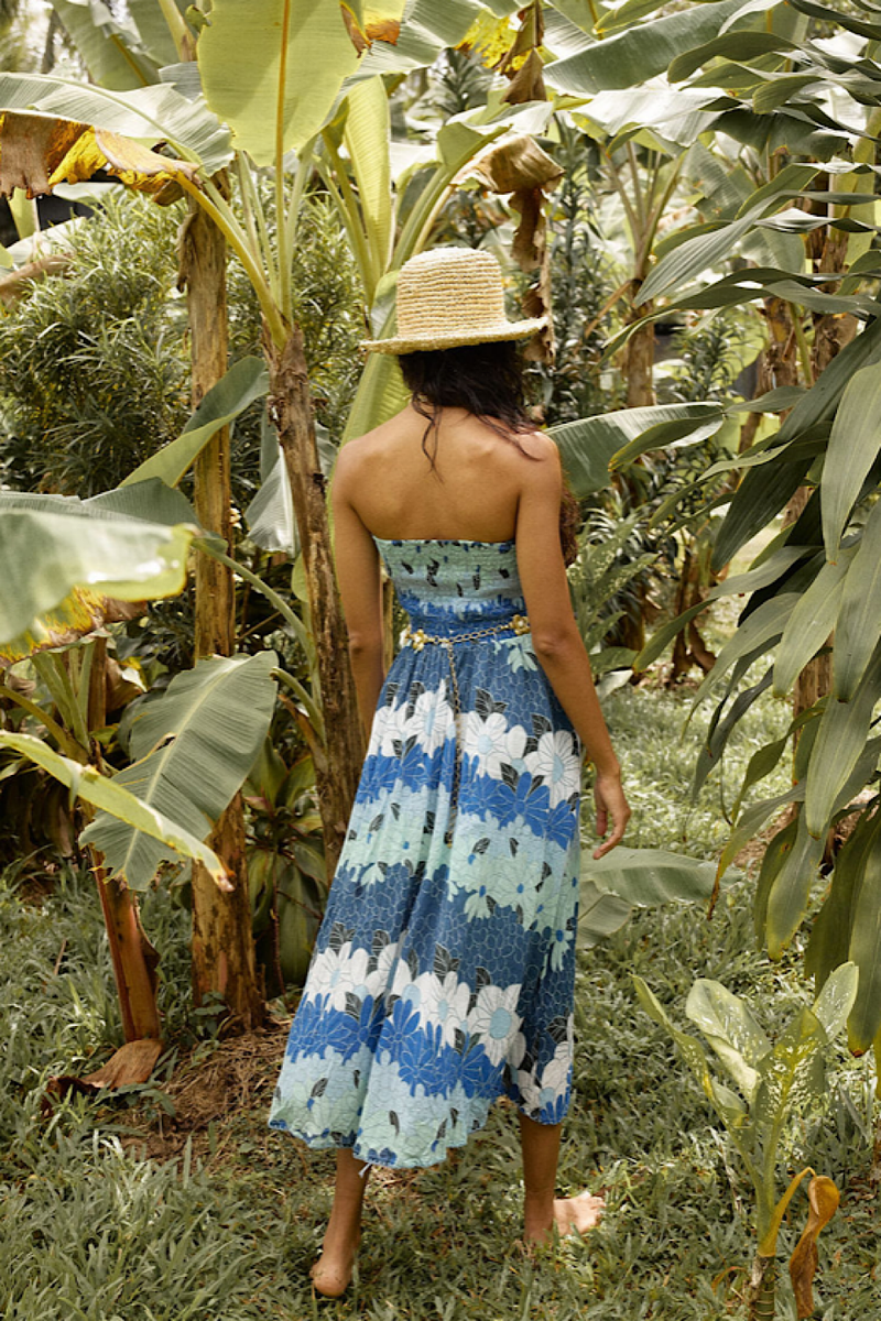 Hawaiian Haze Cotton Gauze Strapless Midi Dress - Chasing Unicorns