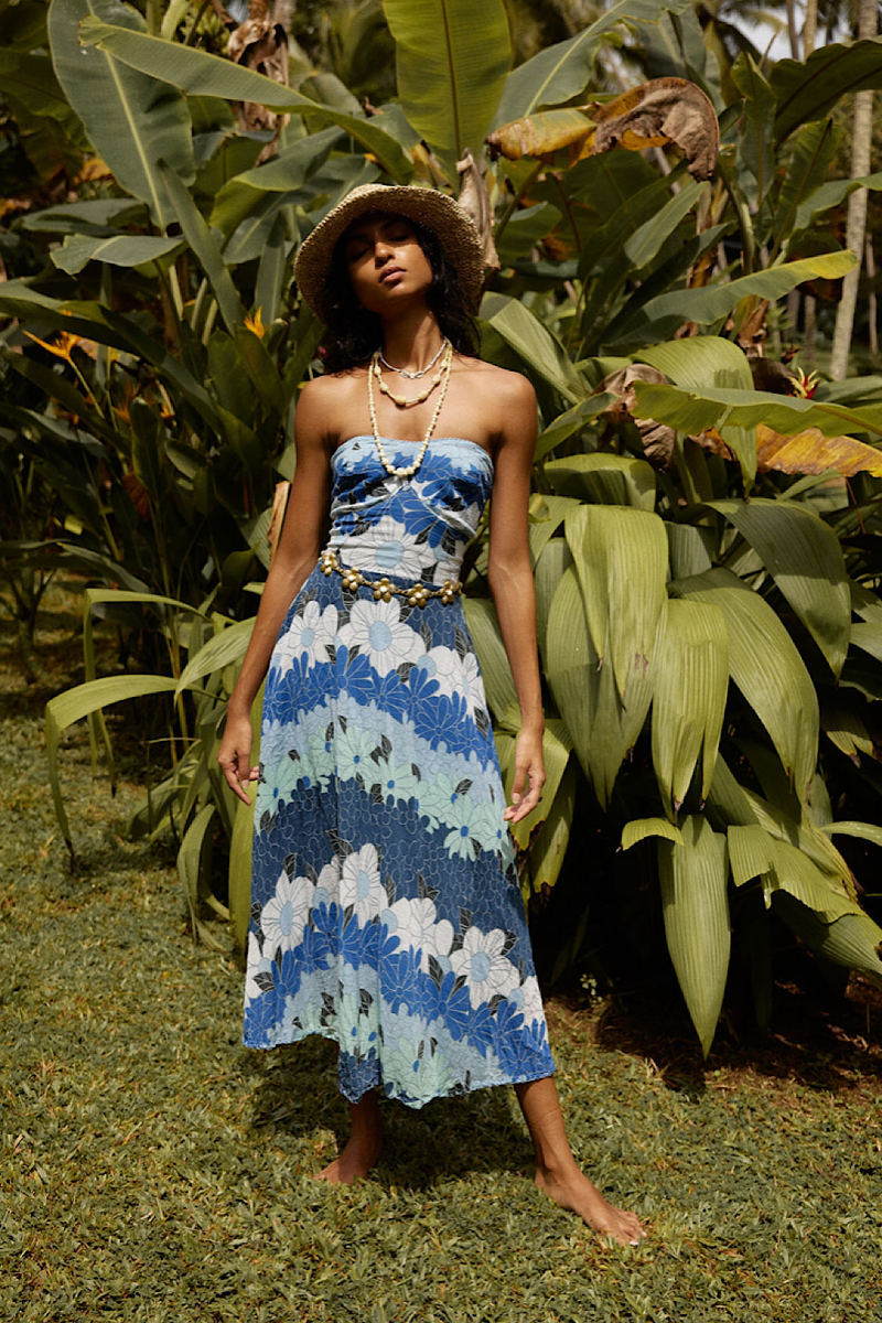 Hawaiian Haze Cotton Gauze Strapless Midi Dress - Chasing Unicorns