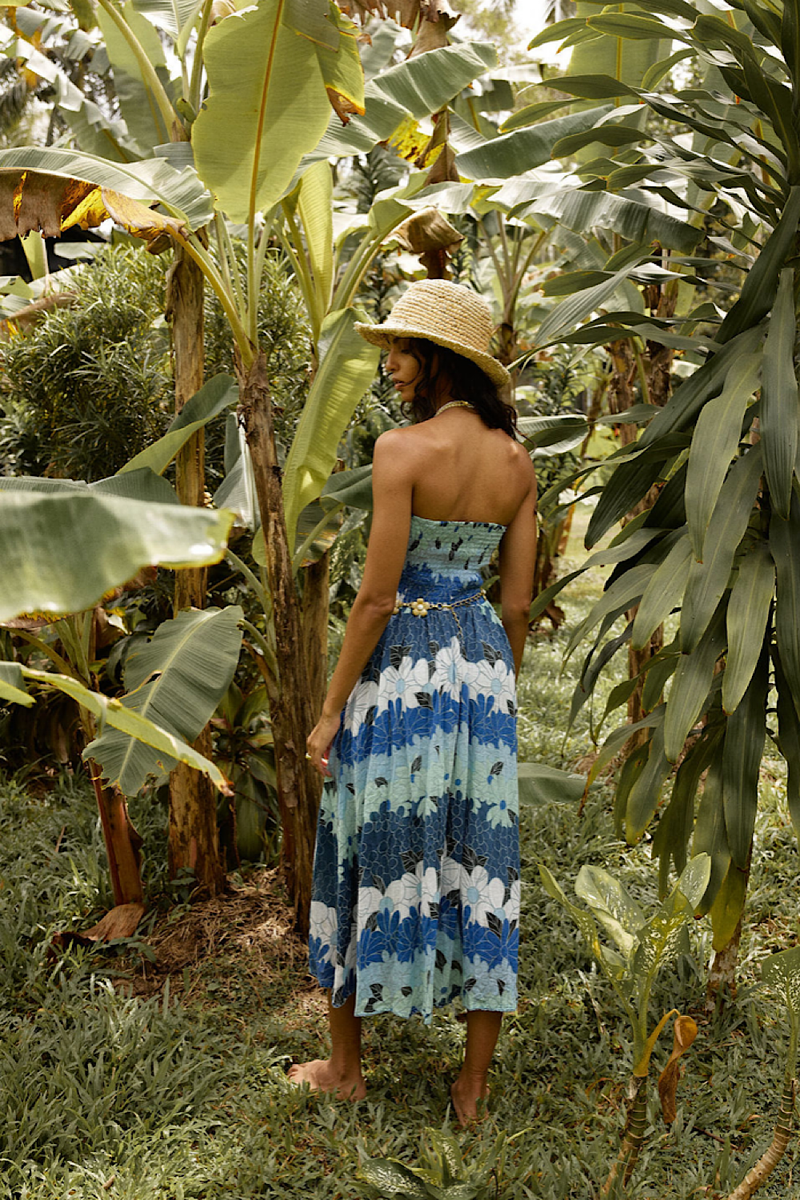 Hawaiian Haze Cotton Gauze Strapless Midi Dress - Chasing Unicorns