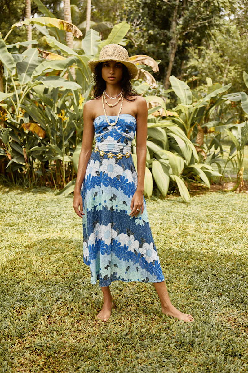 Hawaiian Haze Cotton Gauze Strapless Midi Dress - Chasing Unicorns