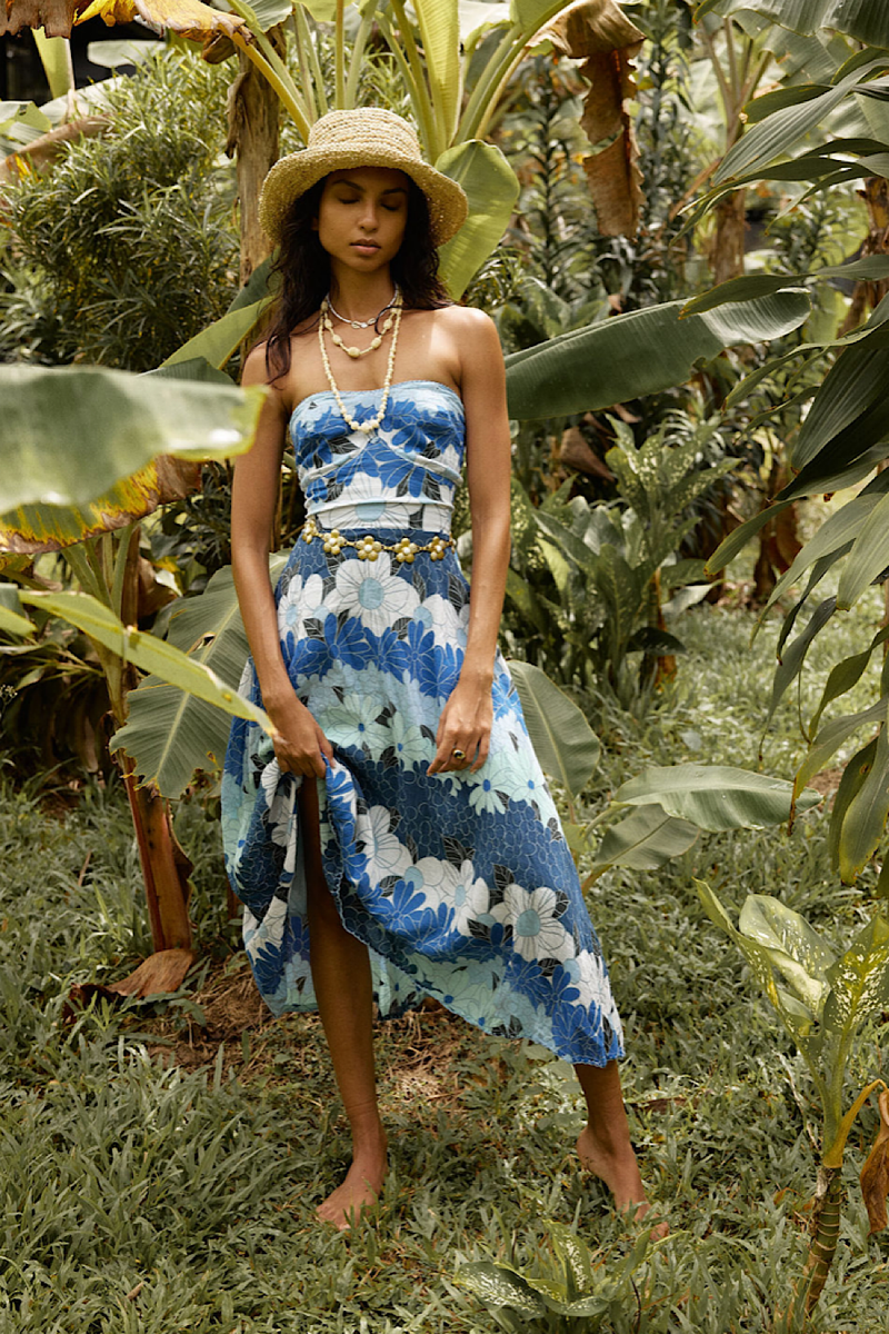 Hawaiian Haze Cotton Gauze Strapless Midi Dress - Chasing Unicorns