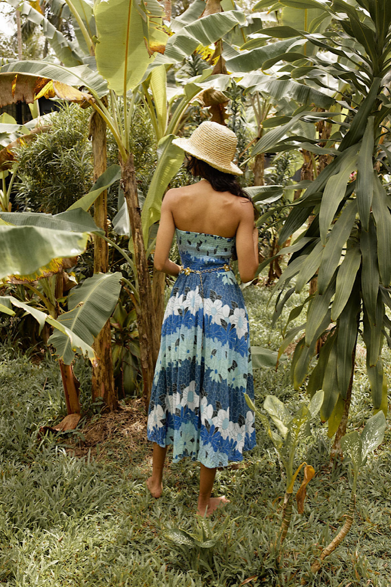 Hawaiian Haze Cotton Gauze Strapless Midi Dress - Chasing Unicorns