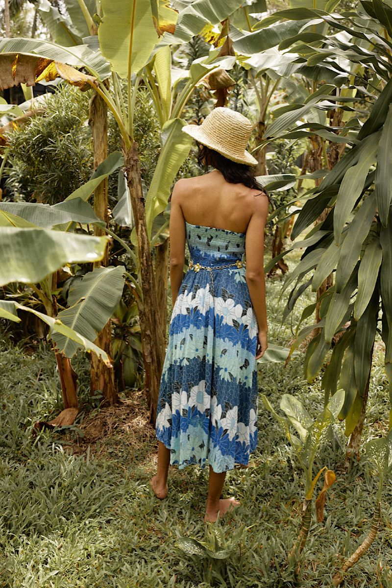 Hawaiian Haze Cotton Gauze Strapless Midi Dress - Chasing Unicorns