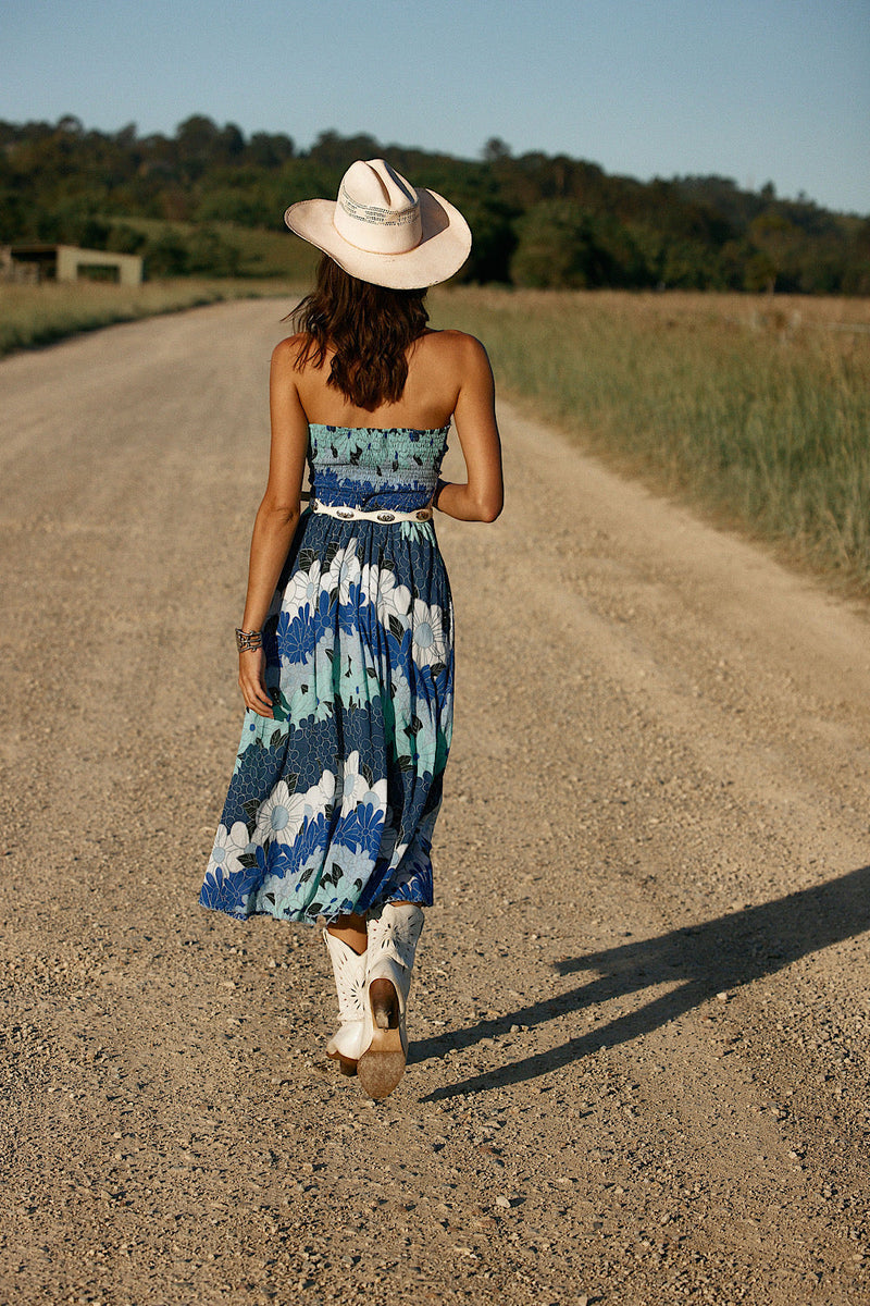Hawaiian Haze Cotton Gauze Strapless Midi Dress - Chasing Unicorns