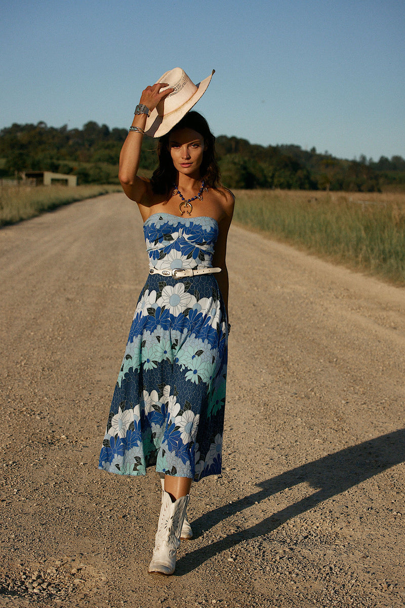 Hawaiian Haze Cotton Gauze Strapless Midi Dress - Chasing Unicorns