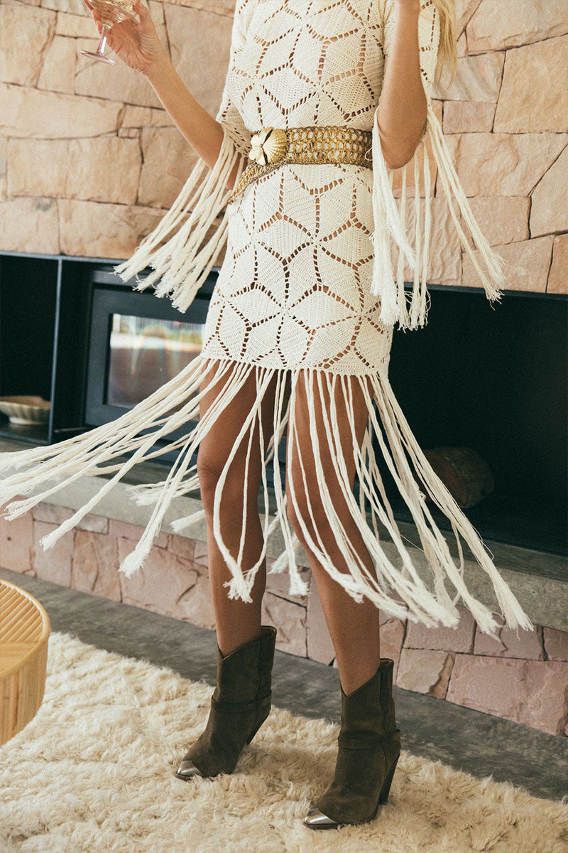 Heading For The Light Crochet Fringe Mini Dress - Chasing Unicorns