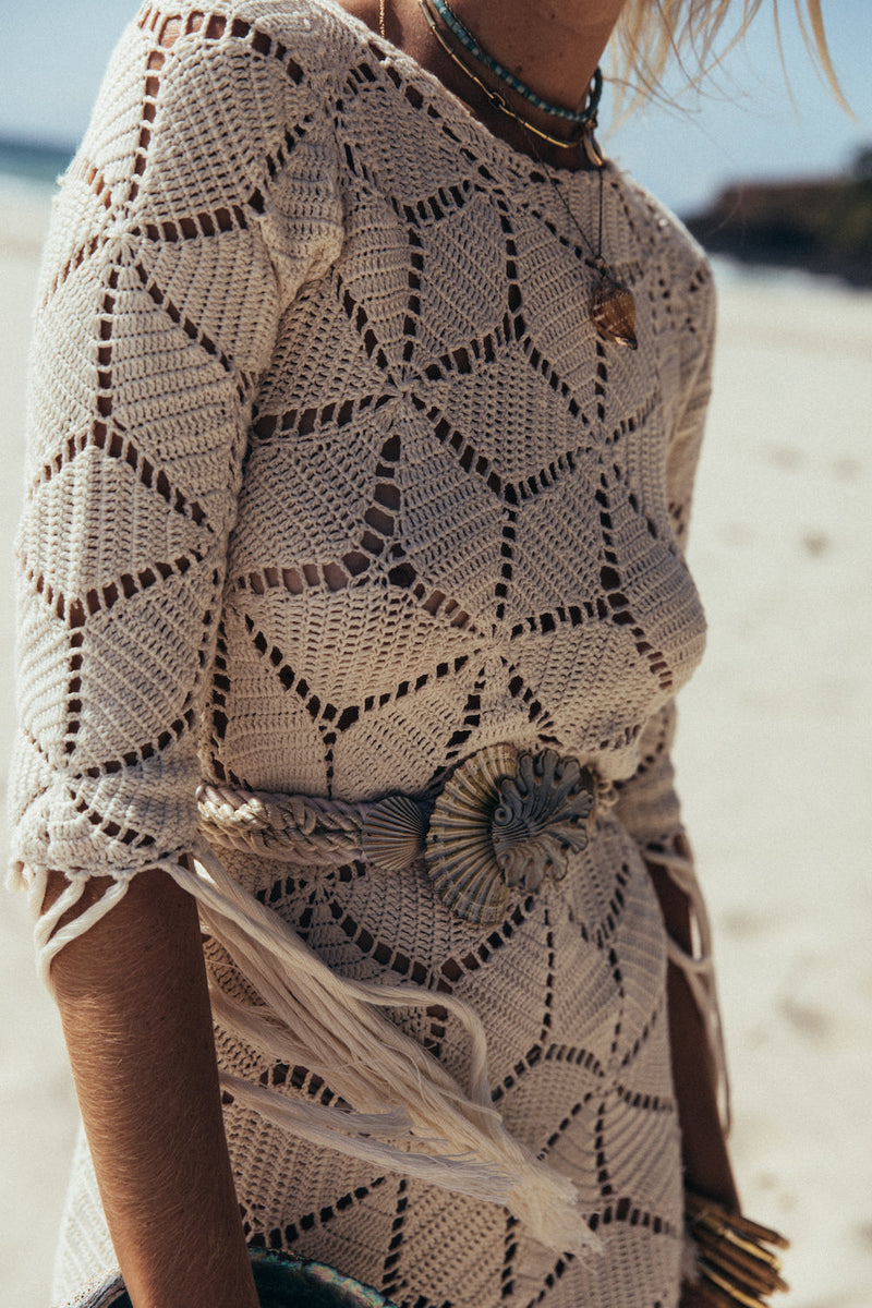 Heading For The Light Crochet Fringe Mini Dress - Chasing Unicorns