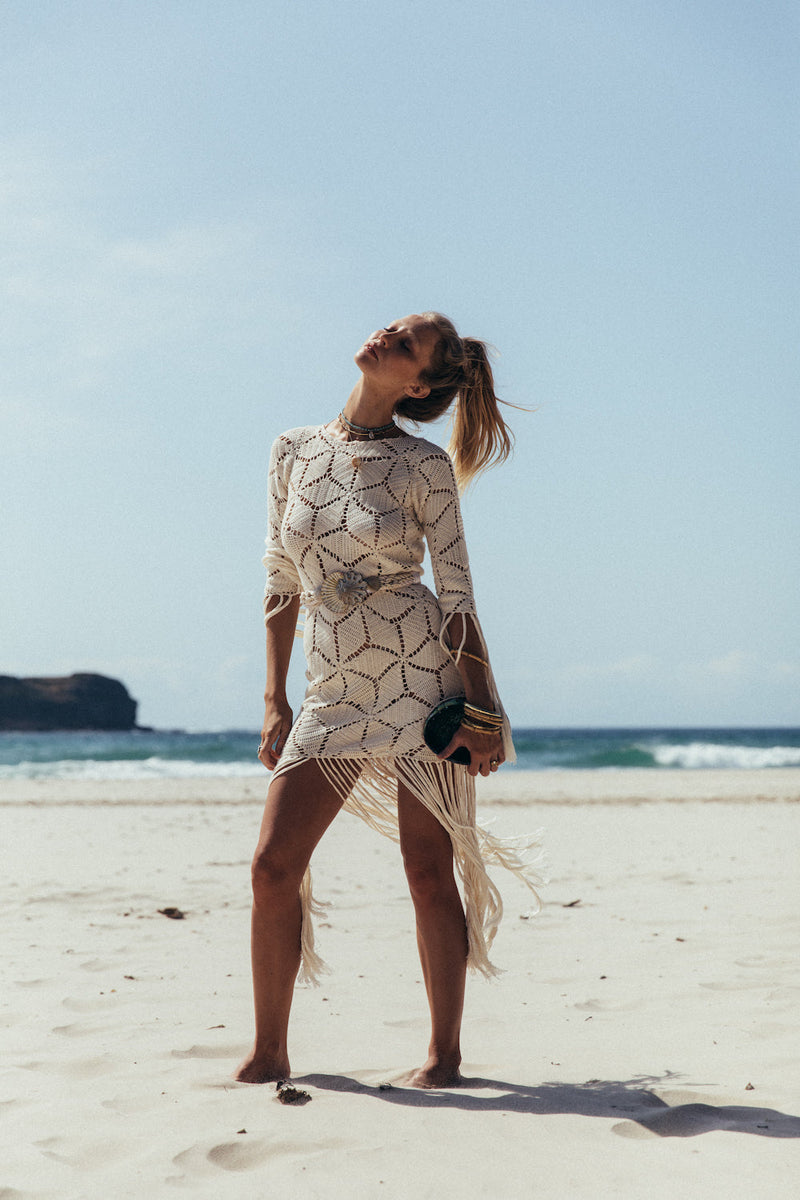 Heading For The Light Crochet Fringe Mini Dress - Chasing Unicorns