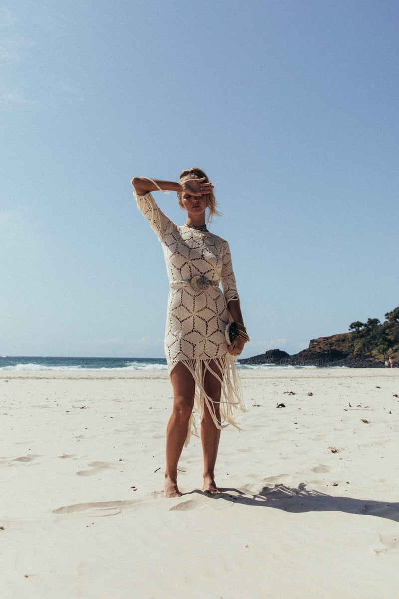Heading For The Light Crochet Fringe Mini Dress - Chasing Unicorns