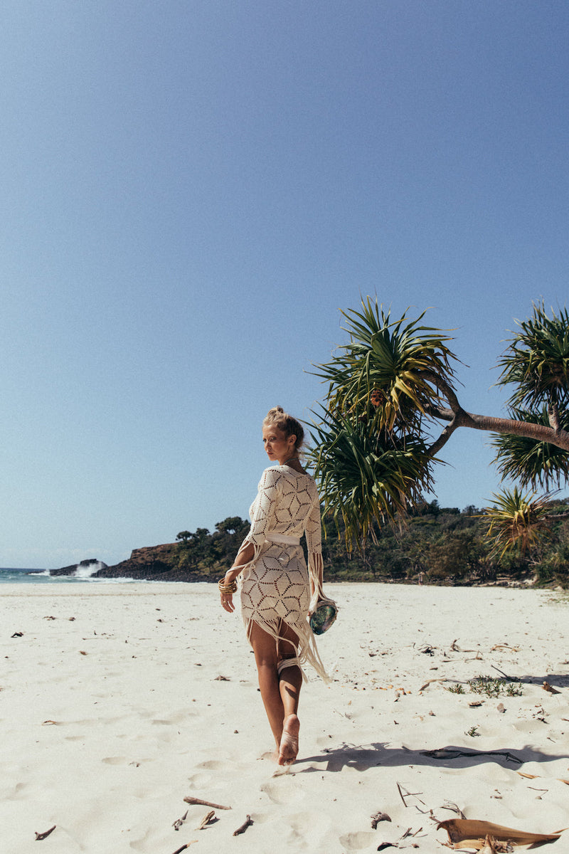 Heading For The Light Crochet Fringe Mini Dress - Chasing Unicorns