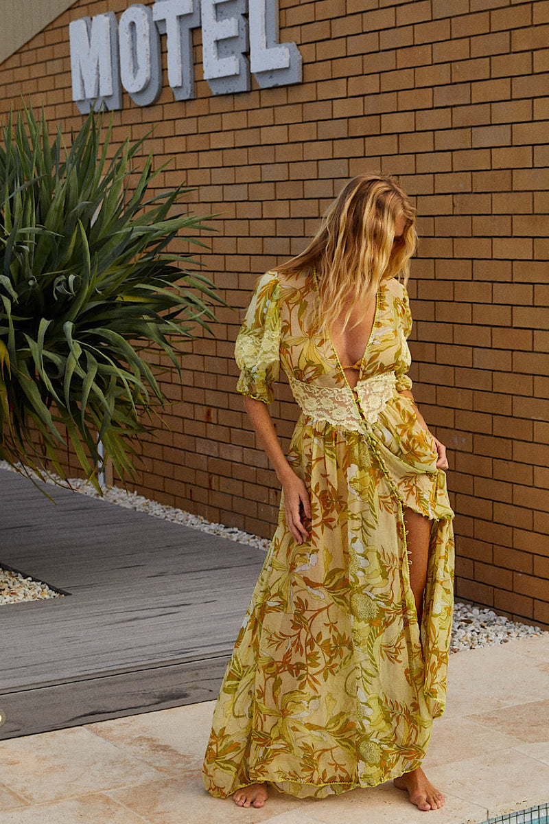 Hello, Goodbye Silk + Lace Duster Maxi Dress - 60S Leaf - Chasing Unicorns