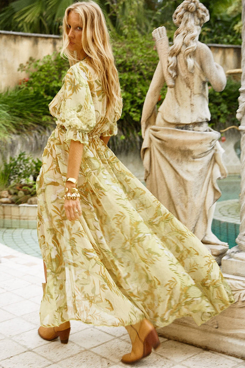 Hello, Goodbye Silk + Lace Duster Maxi Dress - 60S Leaf - Chasing Unicorns