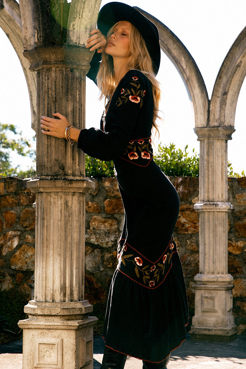 Home Again Cotton Embroidered Maxi Dress - Black - Chasing Unicorns