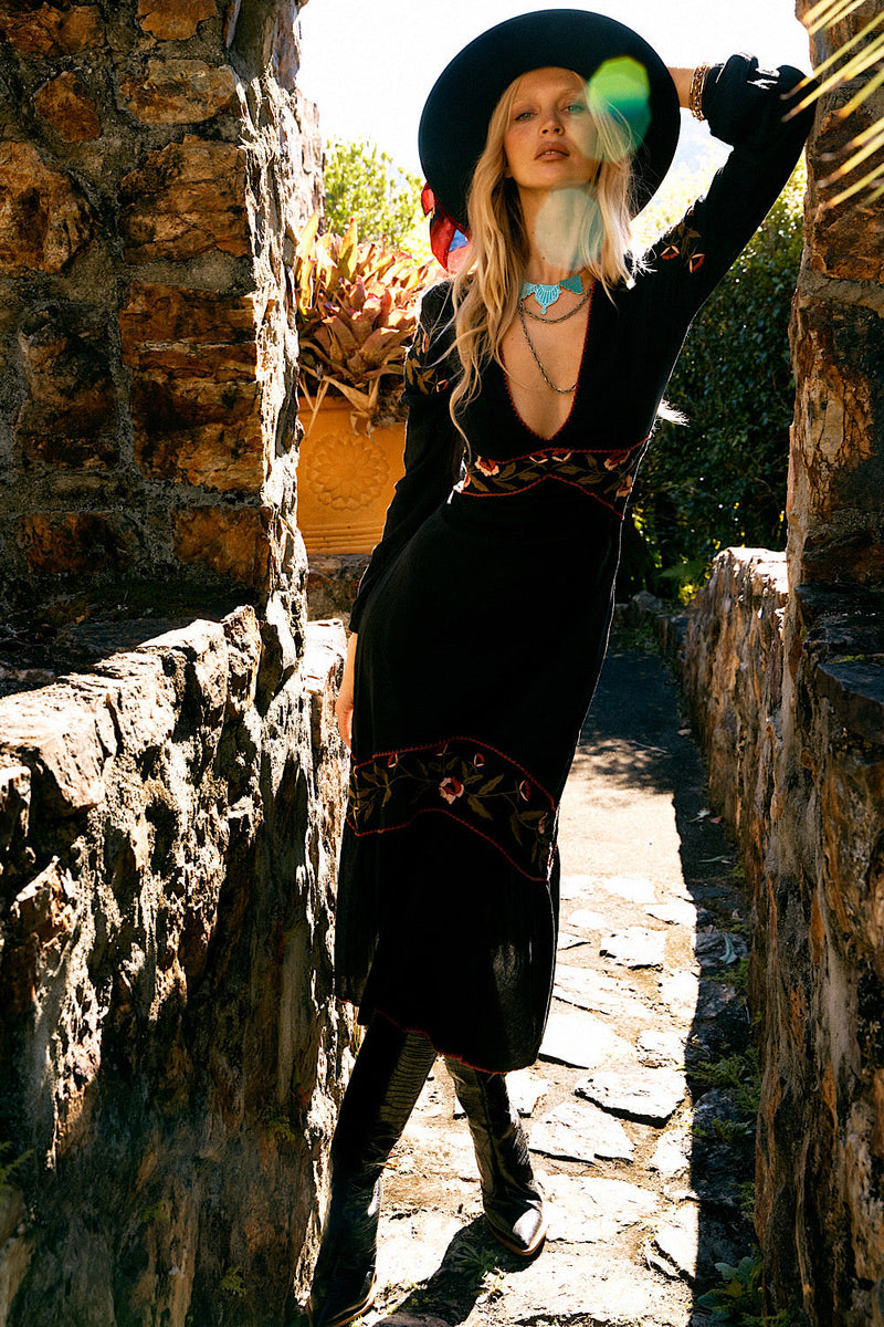 Home Again Cotton Embroidered Maxi Dress - Black - Chasing Unicorns