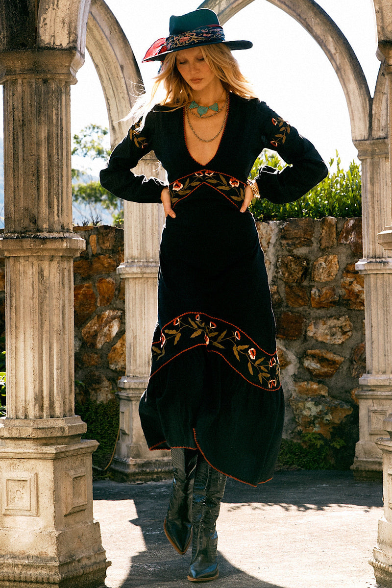 Home Again Cotton Embroidered Maxi Dress - Black - Chasing Unicorns