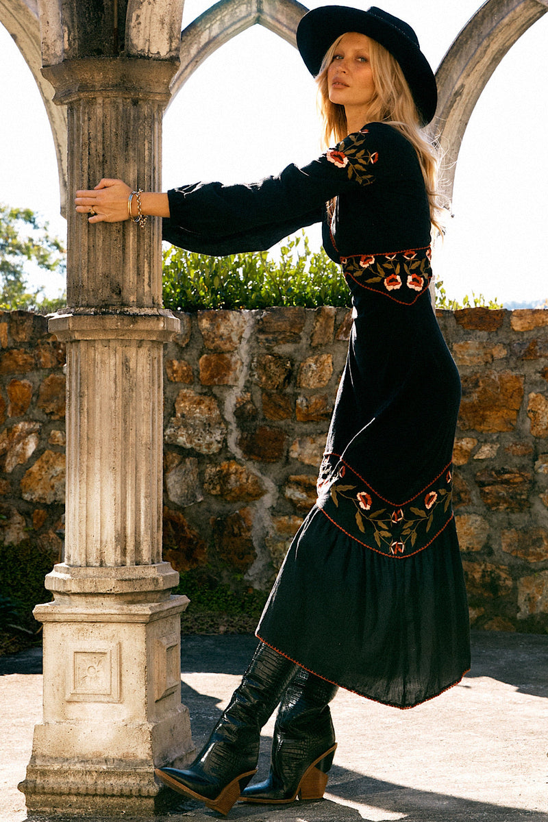 Home Again Cotton Embroidered Maxi Dress - Black - Chasing Unicorns