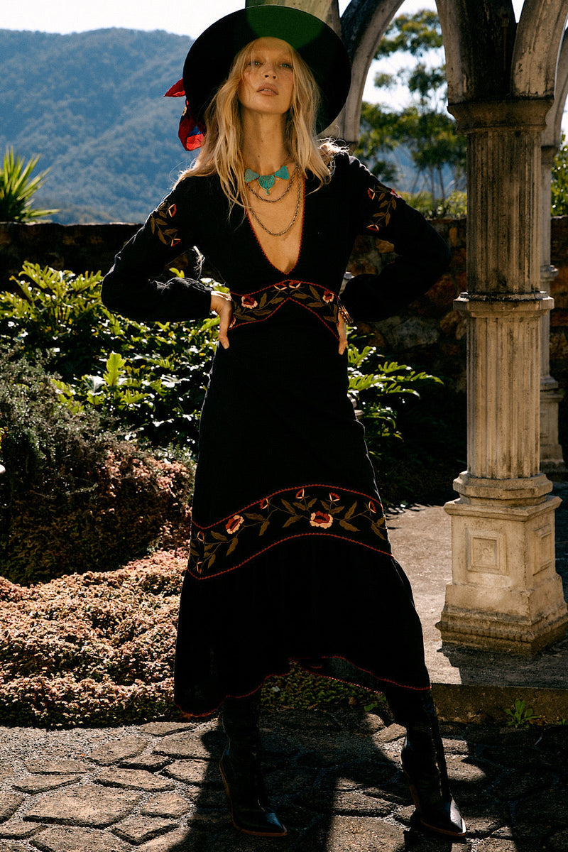 Home Again Cotton Embroidered Maxi Dress - Black - Chasing Unicorns