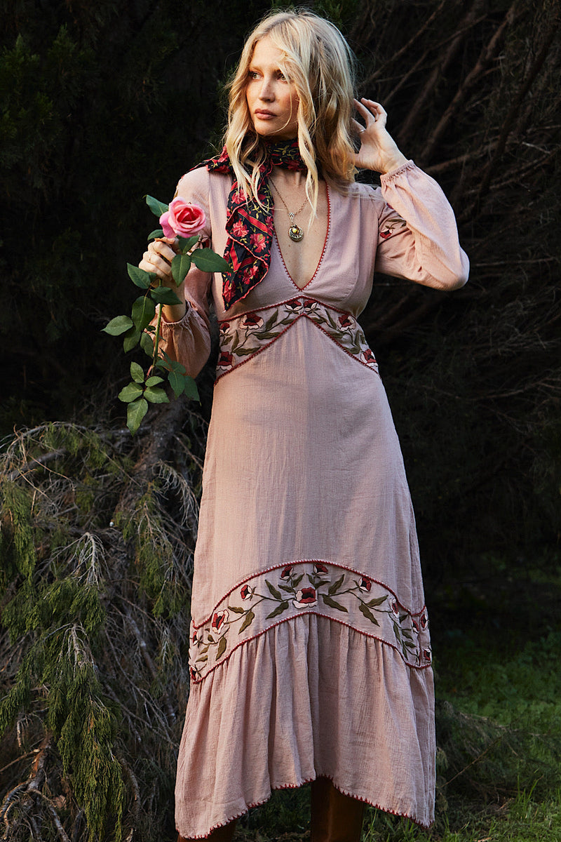 Home Again Cotton Embroidered Maxi Dress - Dusty Rose - Chasing Unicorns