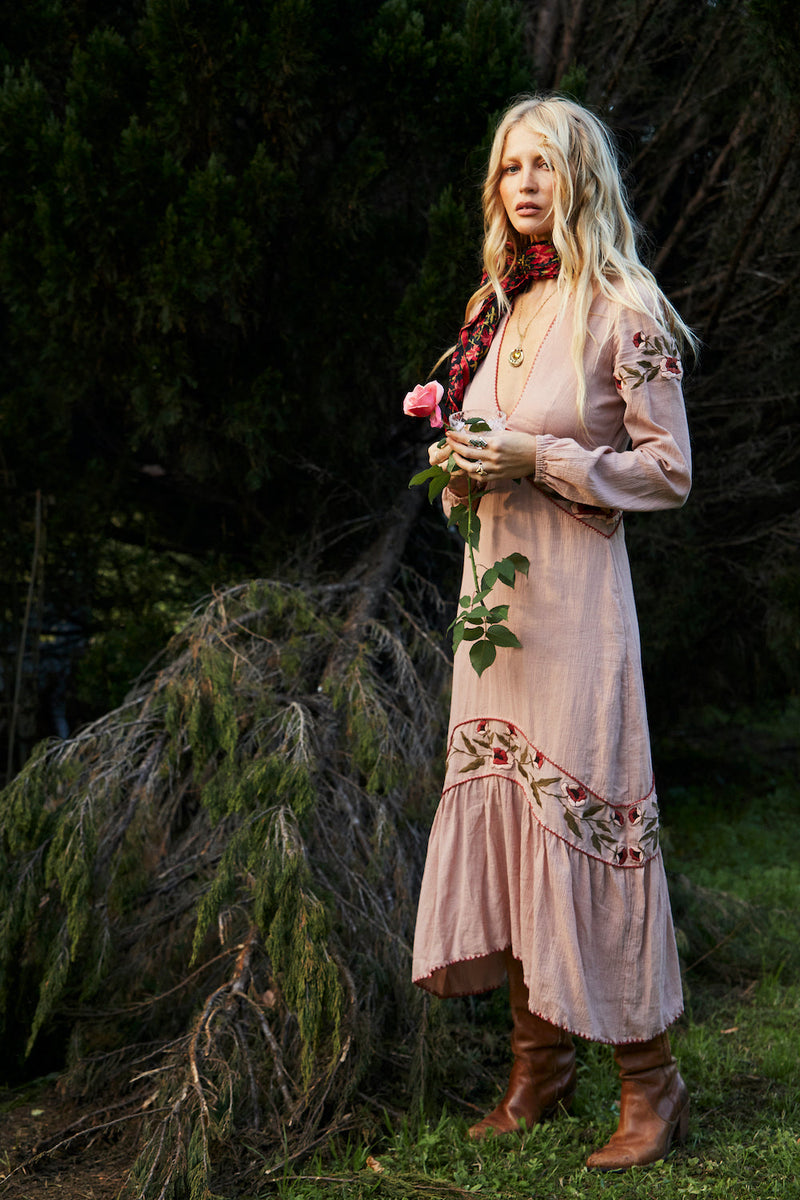 Home Again Cotton Embroidered Maxi Dress - Dusty Rose - Chasing Unicorns