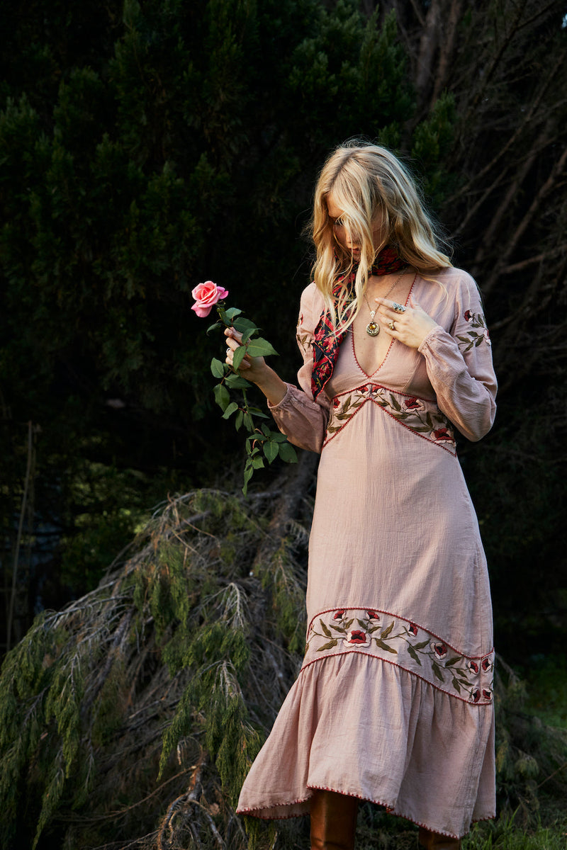 Home Again Cotton Embroidered Maxi Dress - Dusty Rose - Chasing Unicorns