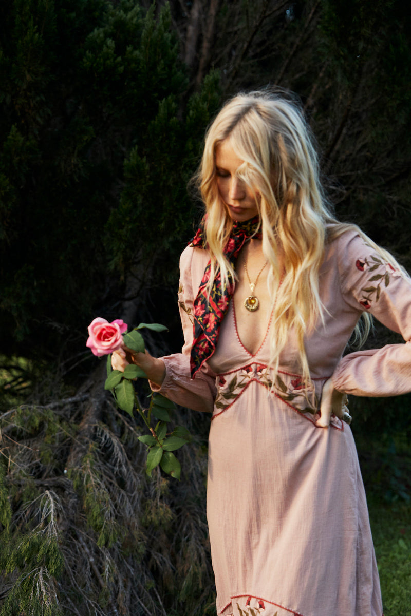 Home Again Cotton Embroidered Maxi Dress - Dusty Rose - Chasing Unicorns