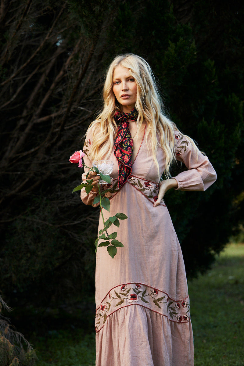 Home Again Cotton Embroidered Maxi Dress - Dusty Rose - Chasing Unicorns