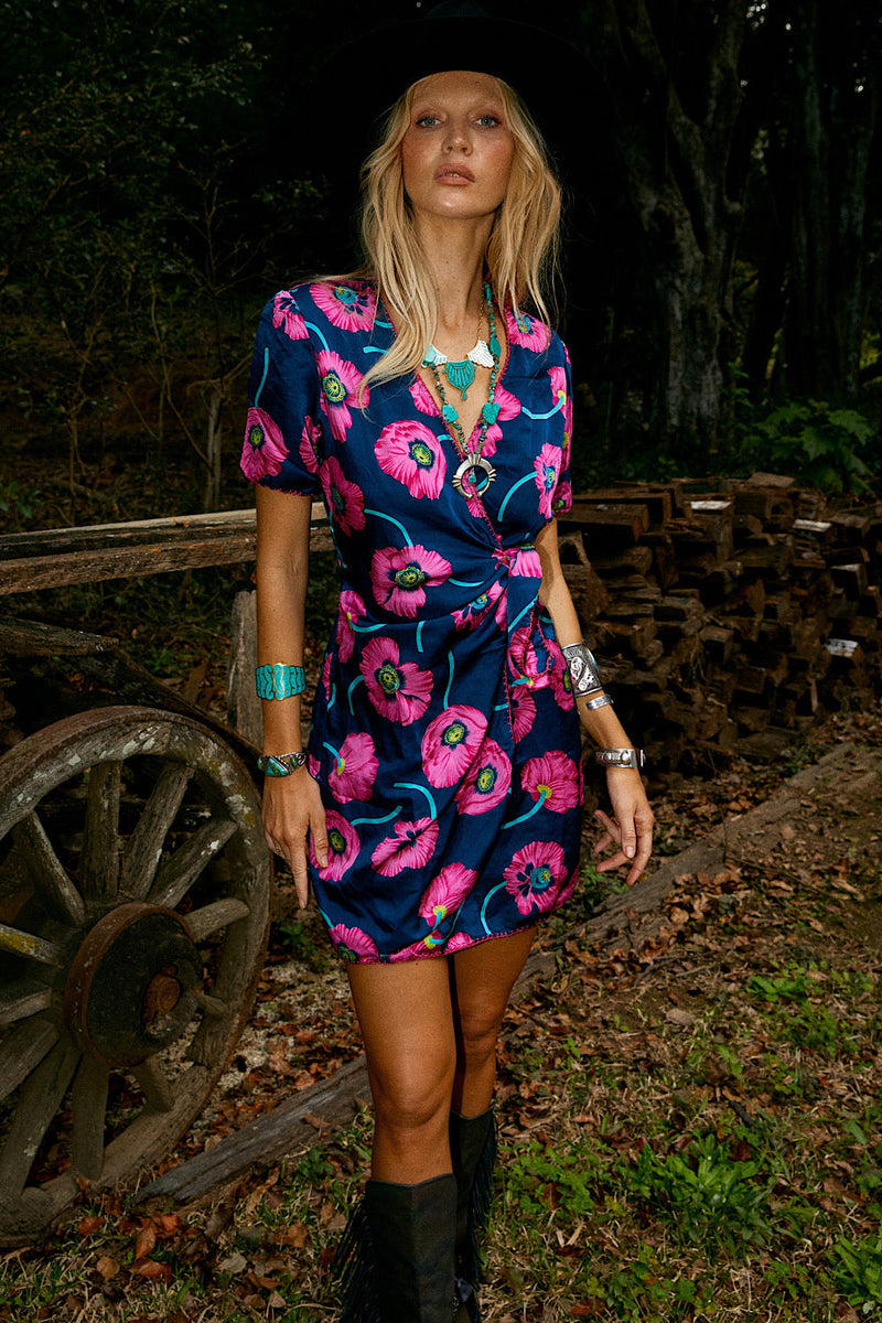 I’m Gonna Be Silk Satin Mini Wrap Dress - Poppy - Chasing Unicorns