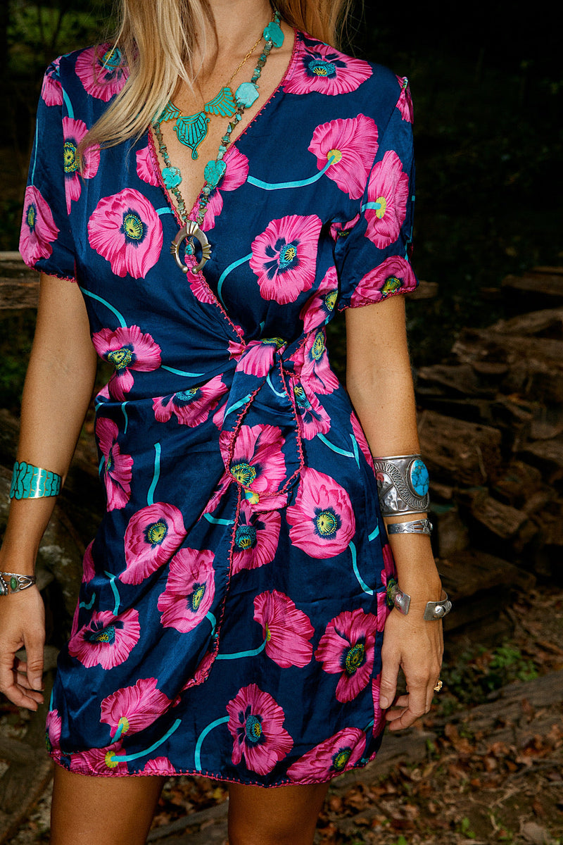 I’m Gonna Be Silk Satin Mini Wrap Dress - Poppy - Chasing Unicorns