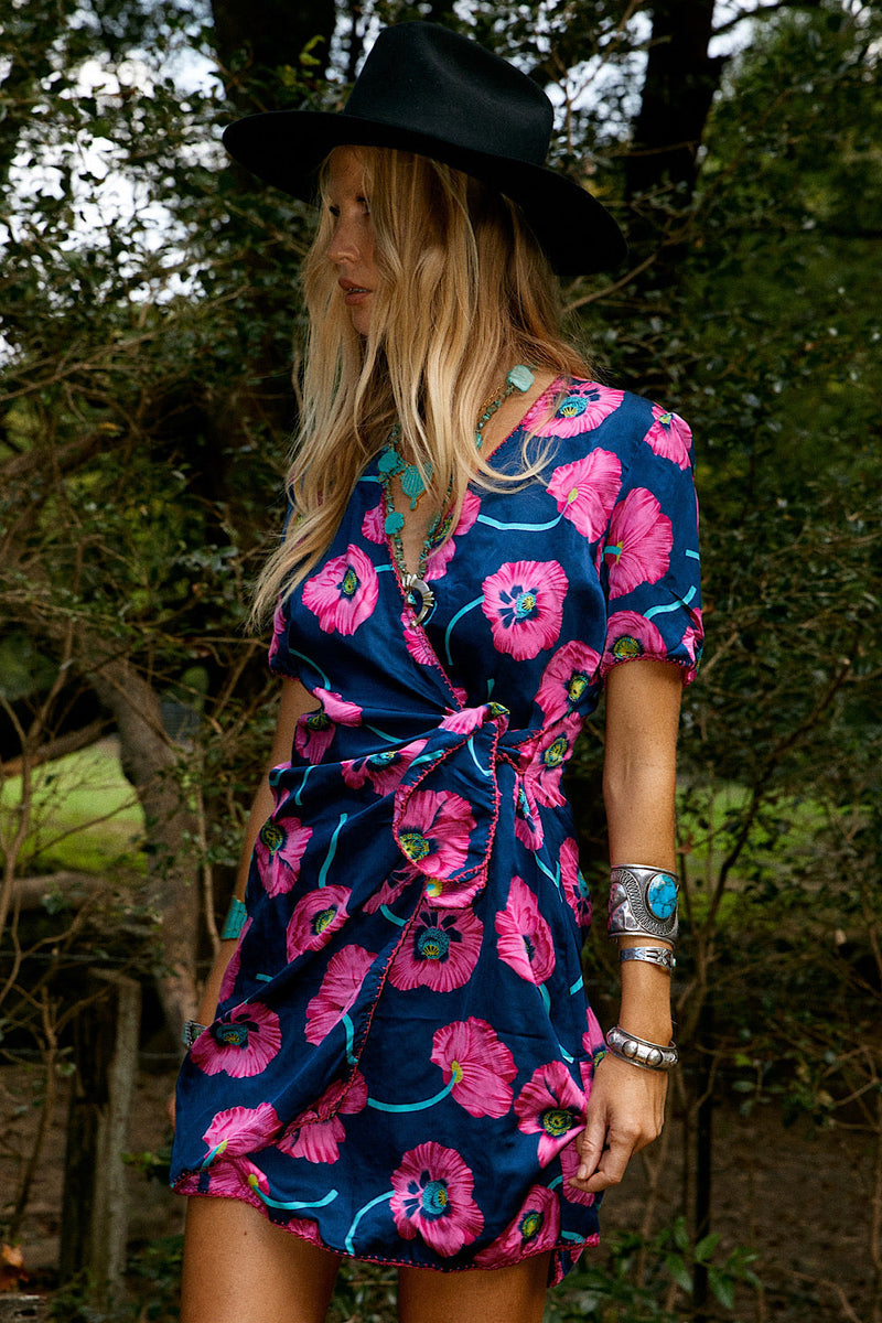 I’m Gonna Be Silk Satin Mini Wrap Dress - Poppy - Chasing Unicorns