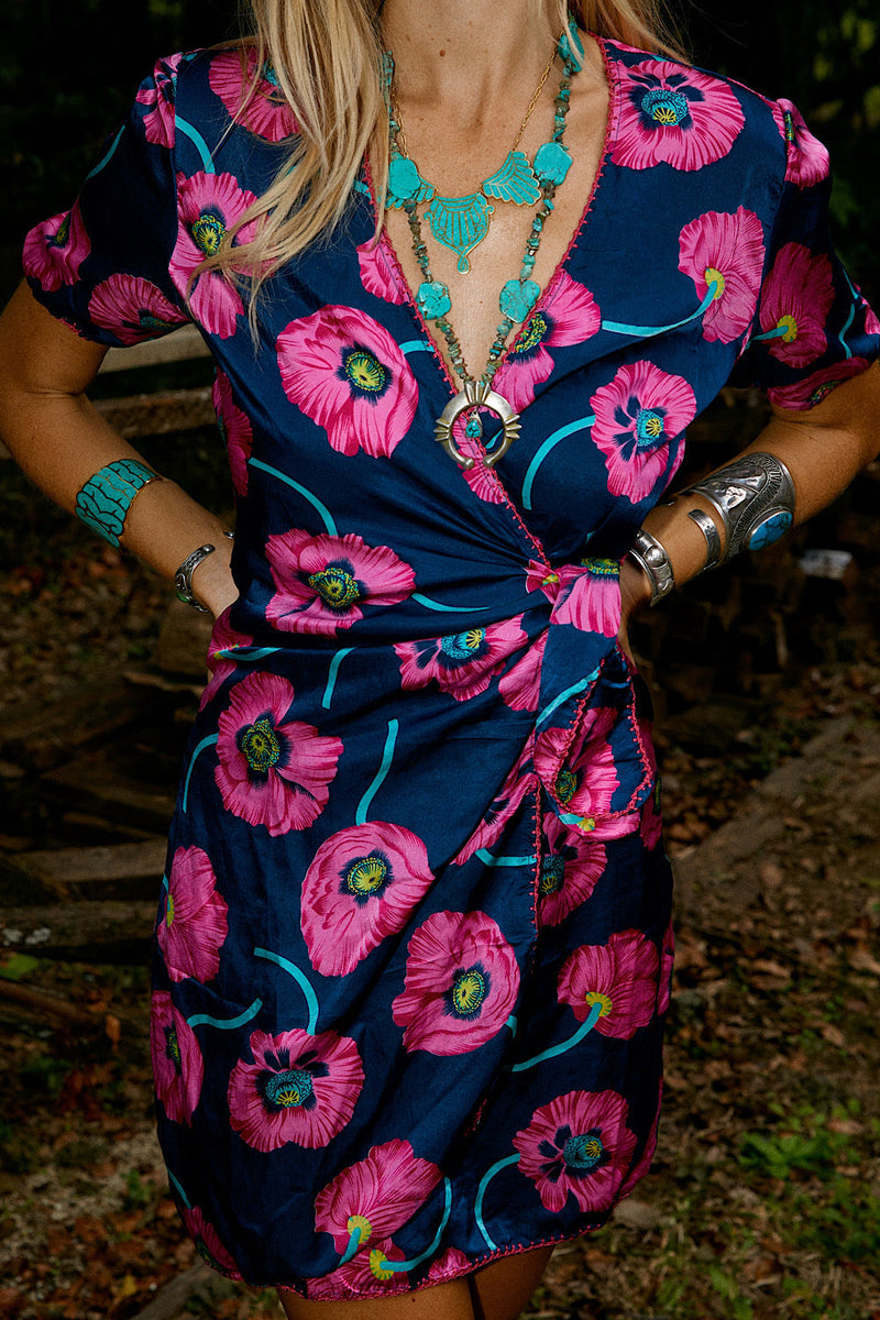 I’m Gonna Be Silk Satin Mini Wrap Dress - Poppy - Chasing Unicorns