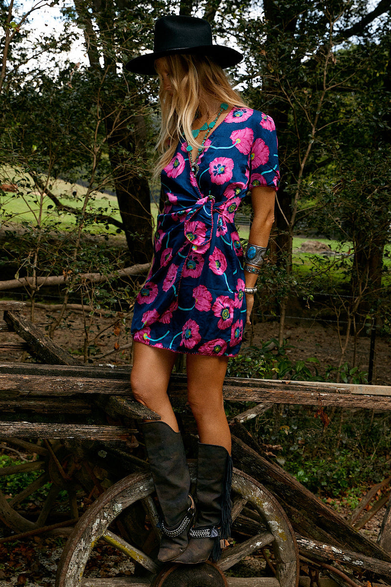 I’m Gonna Be Silk Satin Mini Wrap Dress - Poppy - Chasing Unicorns