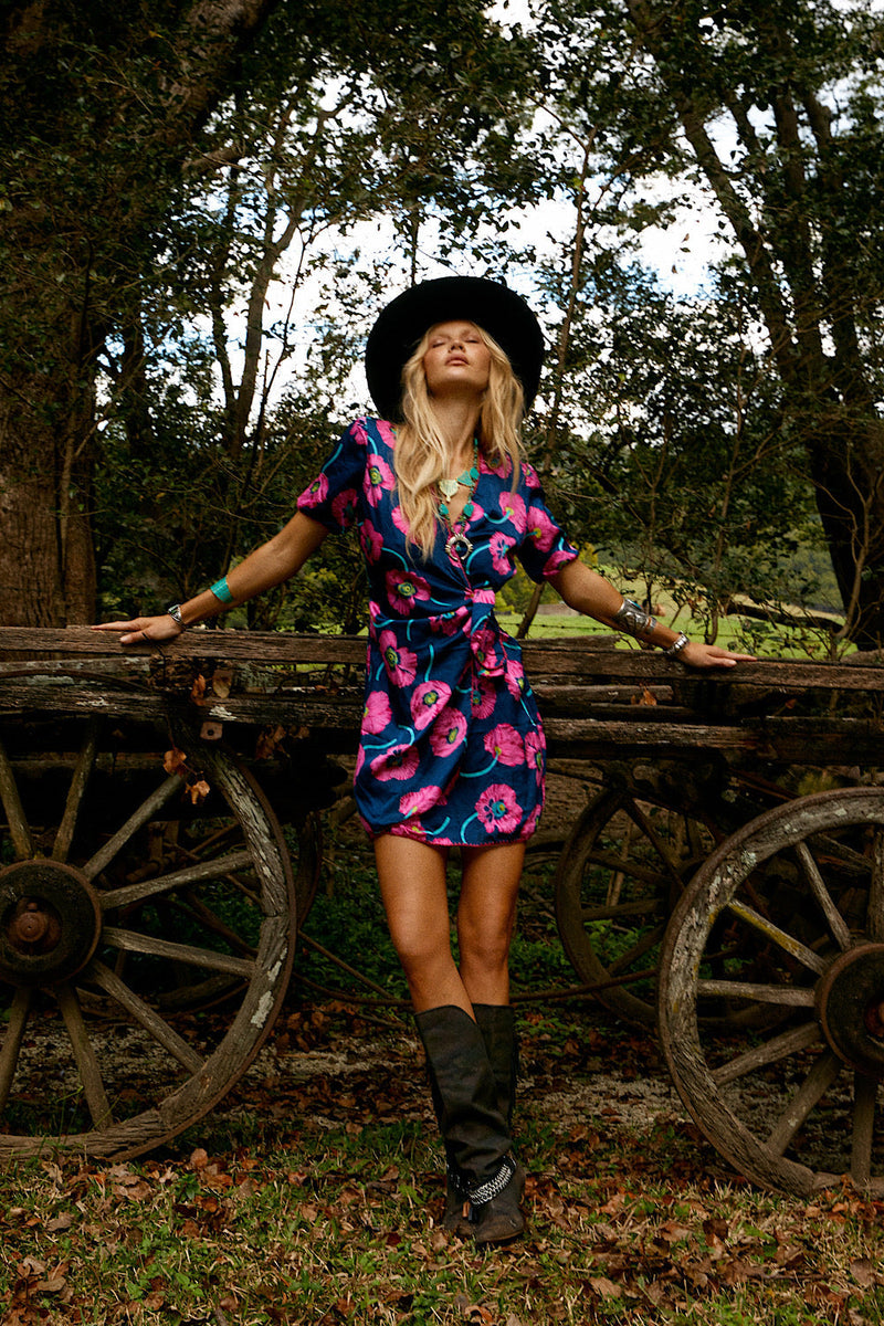 I’m Gonna Be Silk Satin Mini Wrap Dress - Poppy - Chasing Unicorns